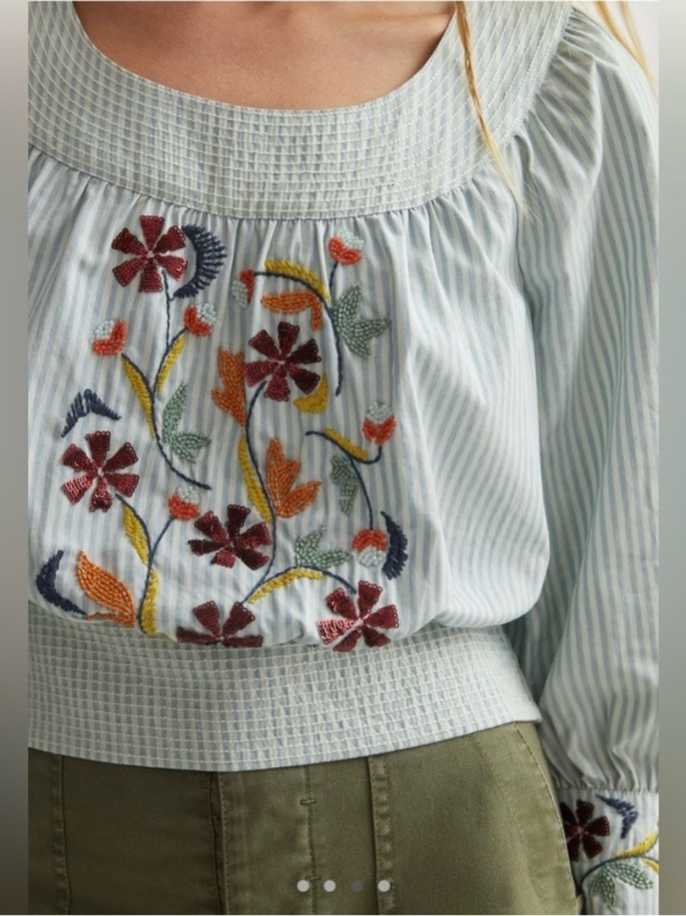Anthropologie NWT, $130 beaded embellish puff sleeved blouse striped peasant top